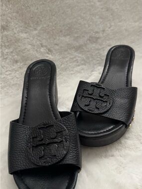 Tory Burch Black Leather Logo Slide Mules